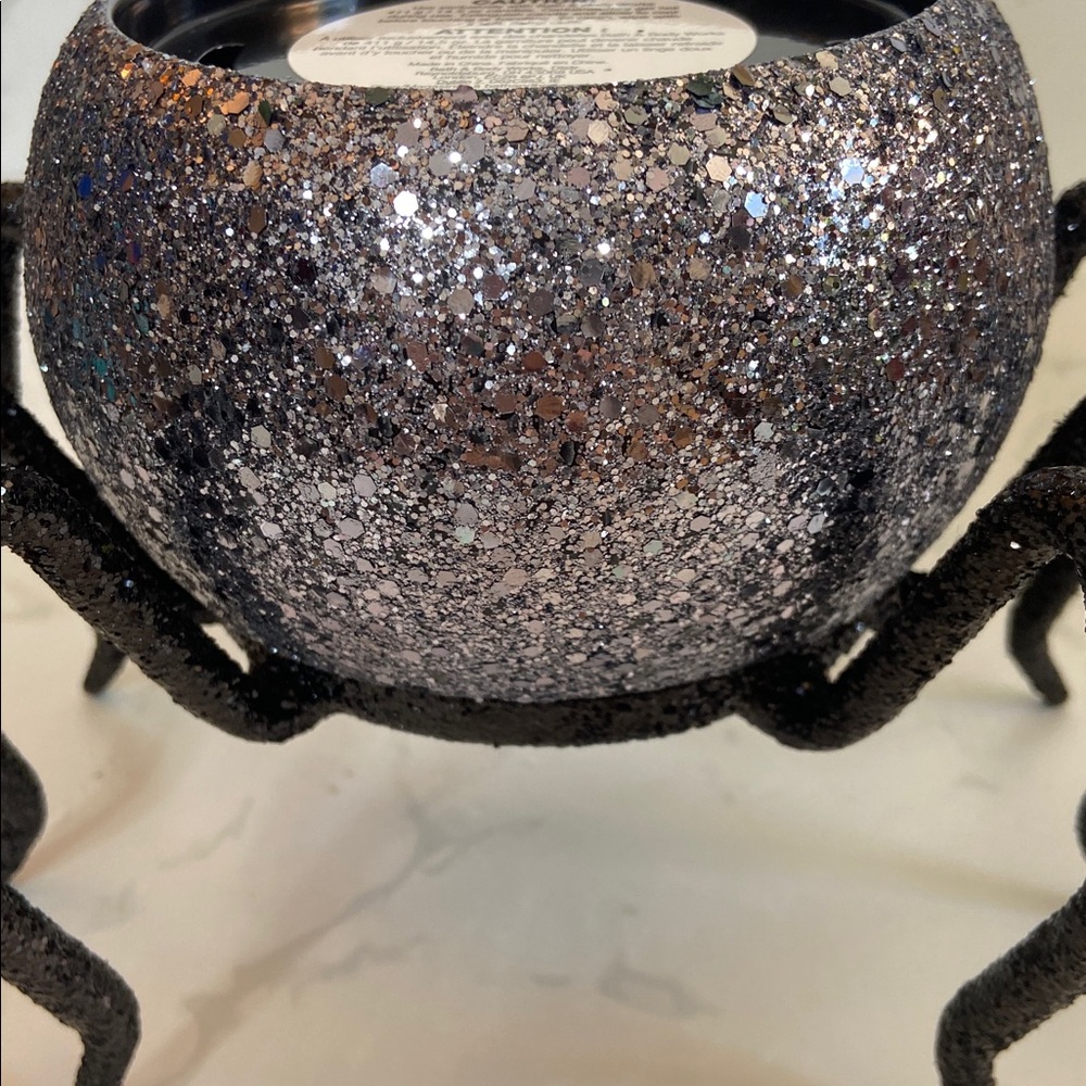 New Halloween Bath & Body Works Glitter Black Silver Bling Spider Candle Holder - Picture 2 of 7
